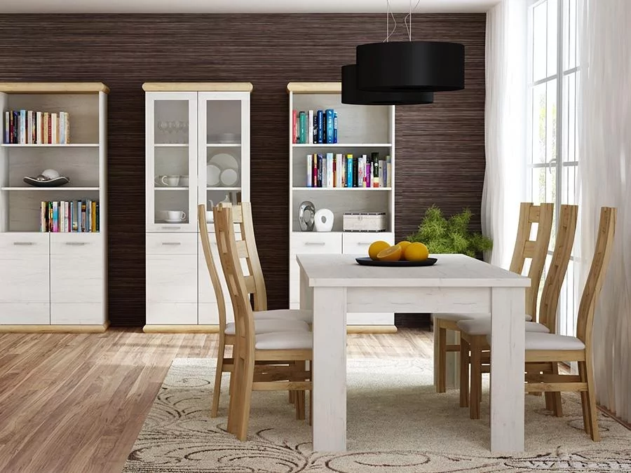 Meble KORA KRAFT III + klasyczny biały stół oraz drewniane krzesła do jadalni z wygodnymi tapicerowanymi siedziskami
