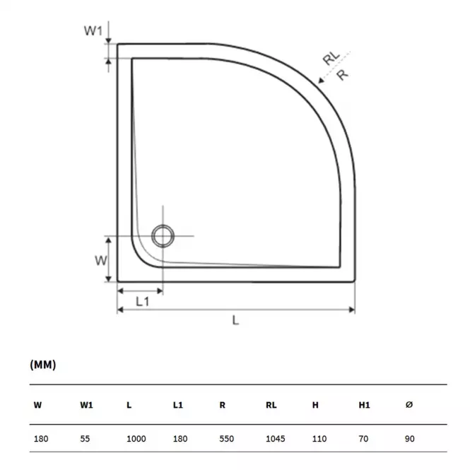 Brodzik półokrągły 100/100/11 SENSE COMP. BREX.SEN10WHC