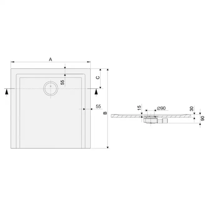 Brodzik B-M/SPACE S 90X90X1.5 BIEW