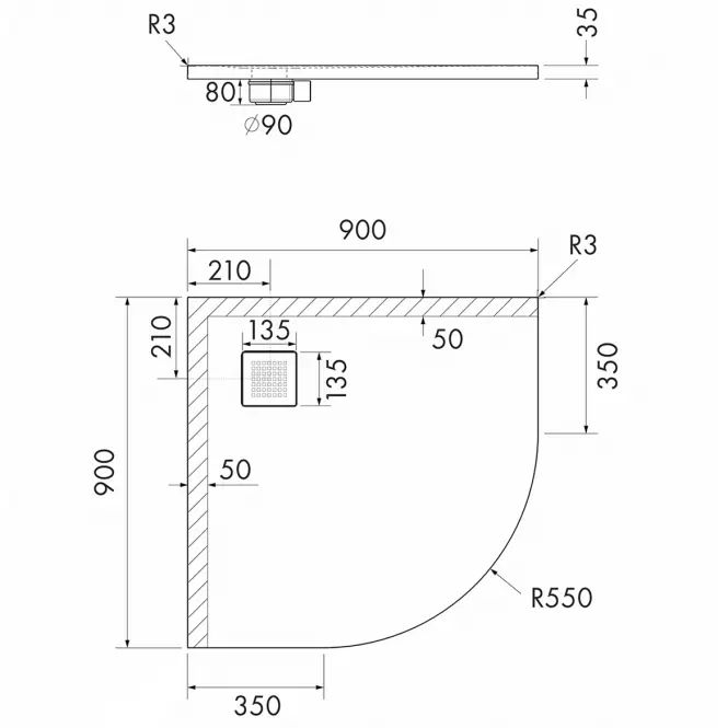 Brodzik półokrągły Kalait Smooth White 90x90x3,5 R55 3.3104-M2