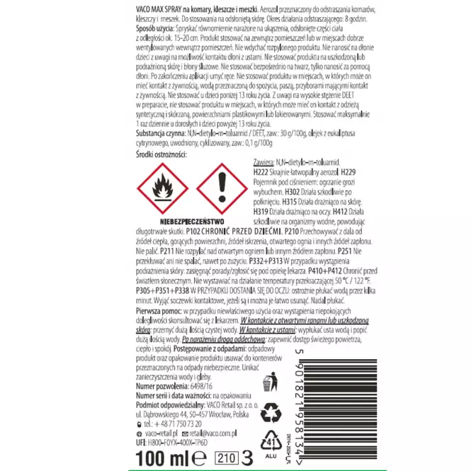 Vaco spray max na komary, kleszcze, meszki z panth