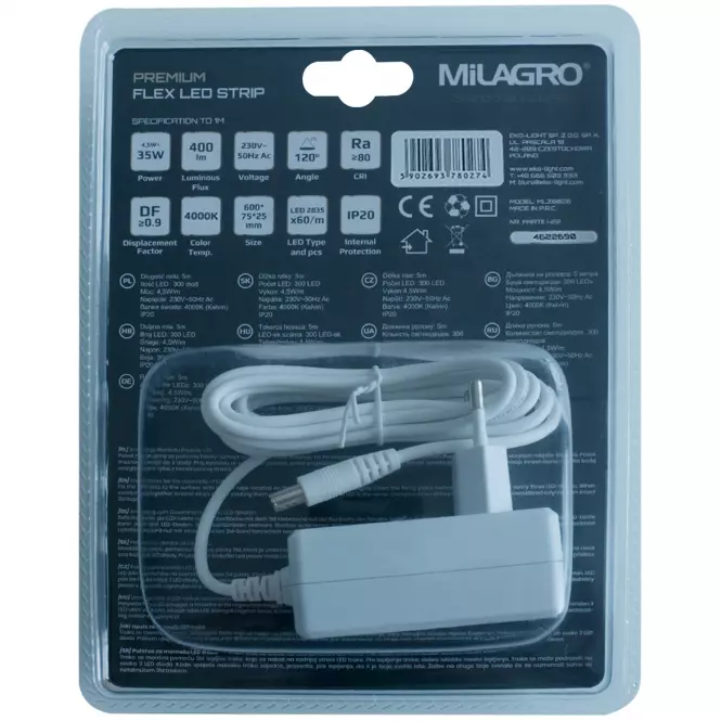 Taśma LED 5M + Zasilacz IP20 4000K MLZ8027 MILAGRO