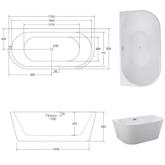 Wanna wolnostojąca przyścienna Vica New 170/80 z syfonem klik klak z przelewem prostokątnym slim czarnym