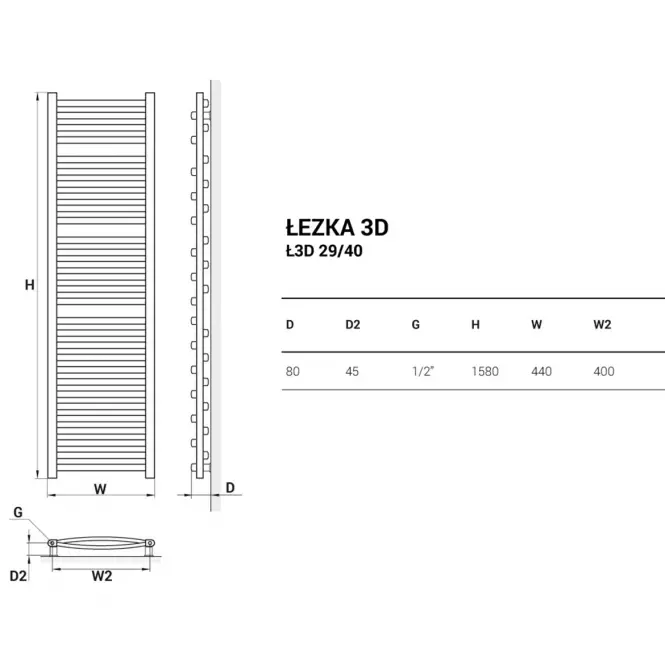 Grzejnik łazienkowy Łezka 3D Ł3D 29/40 biały 1580x440