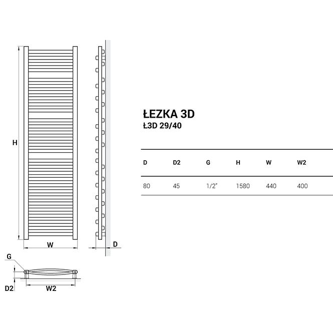 Grzejnik łazienkowy Łezka 3D Ł3D 29/40 biały 1580x440