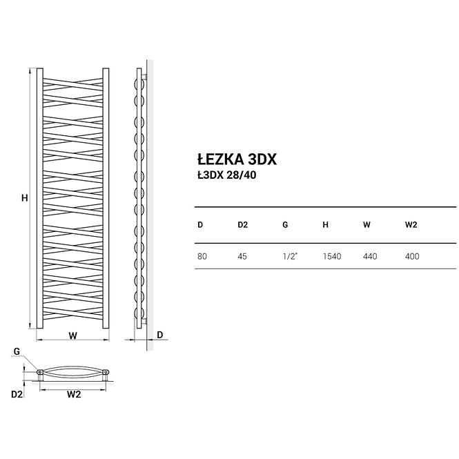 Grzejnik łazienkowy Łezka 3D Ł3DX 28/40 biały 1580x440