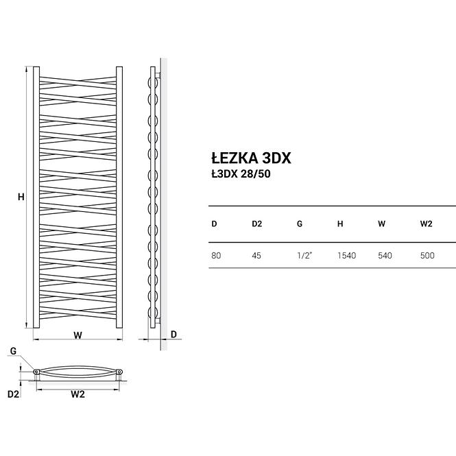 Grzejnik łazienkowy Łezka 3D Ł3DX 28/50 biały 1580x540