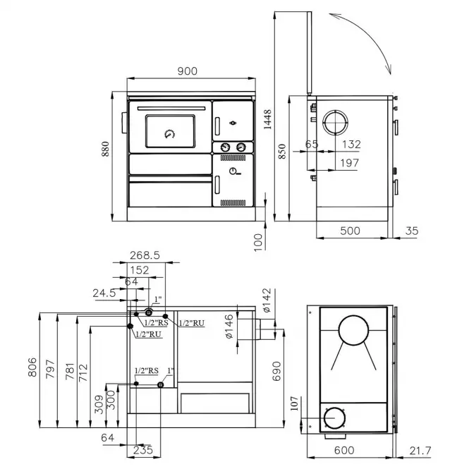 Kuchnia Alfa term 20 prawa z płaszczem wodnym 8,7kW/14,2 kW