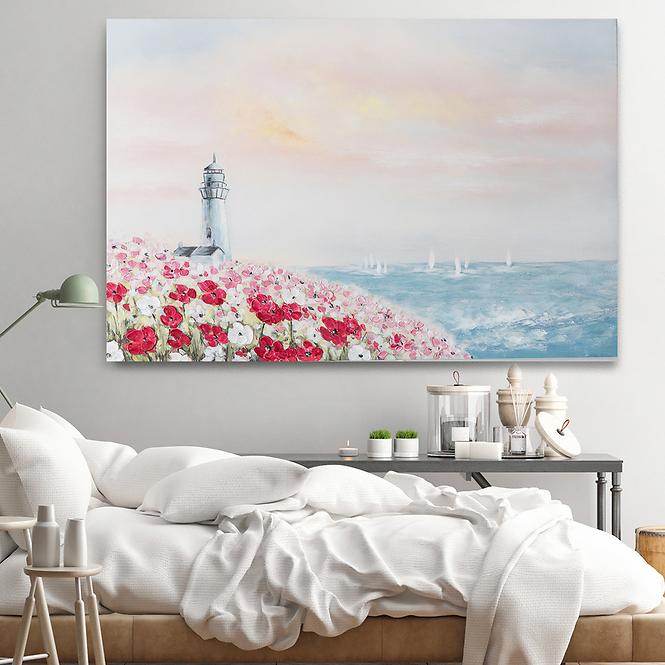 Obraz na płótnie 80x120 Latarnia między kwiatami nad brzegiem morza