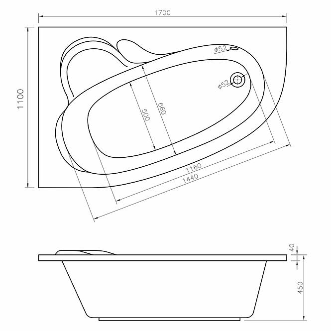 Wanna z hydromasażem Madura 170/110 L 12DW+10DP sterowanie pneumatyczne