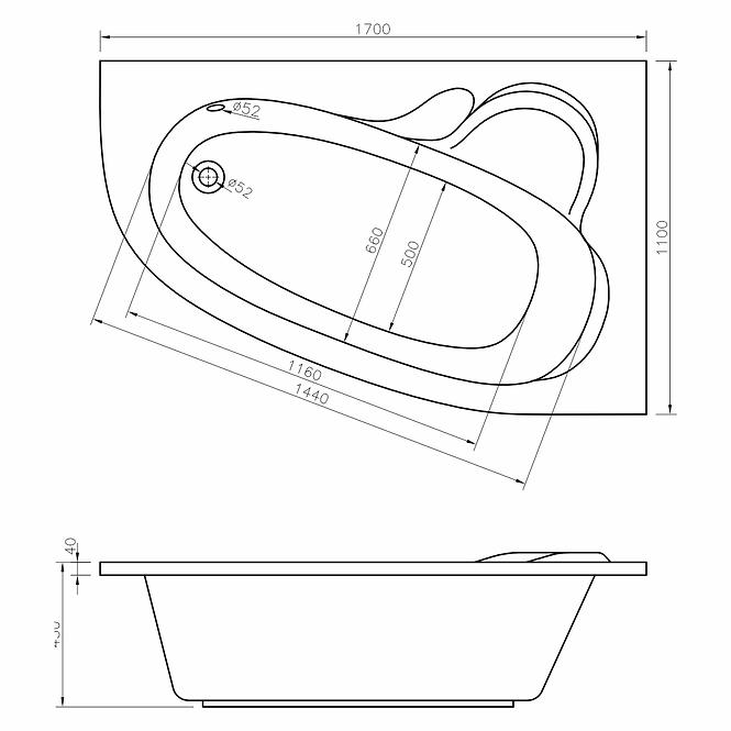 Wanna z hydromasażem Madura 170/110 P 12DW+10DP sterowanie pneumatyczne