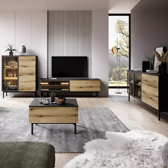 Witryna Lang B niska +LED czarny/dąb Evoke ,6