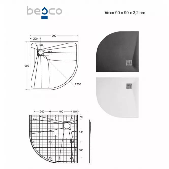 Brodzik półokrągły Vexo 90x90 biały