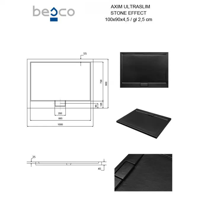 Brodzik prostokątny Axim Ultraslim Stone Effect New 100x90 czarny