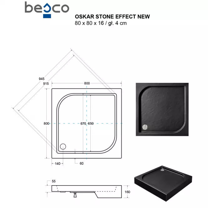 Brodzik kwadratowy Oskar Stone Effect New 80x80 czarny
