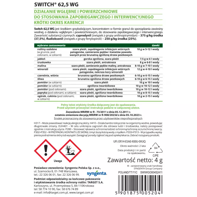 Switch 62,5 WG - szara pleśń na różach, pelargoniach