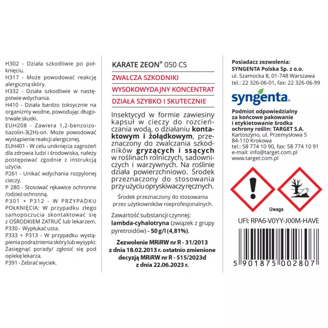 Karate Zeon 050CS - gąsienice i mszyce 5 ml