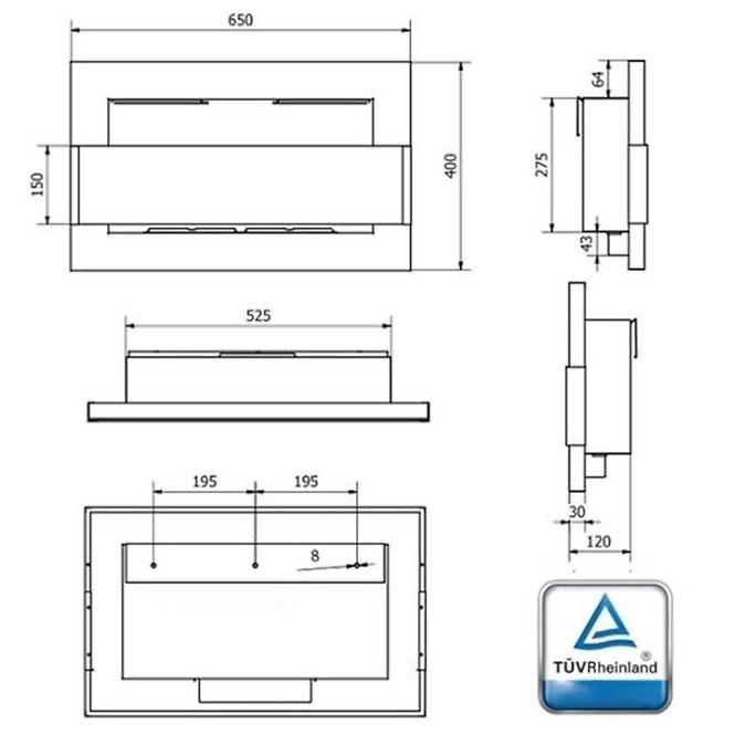 Biokominek 650x400 inox srebrny z szybą