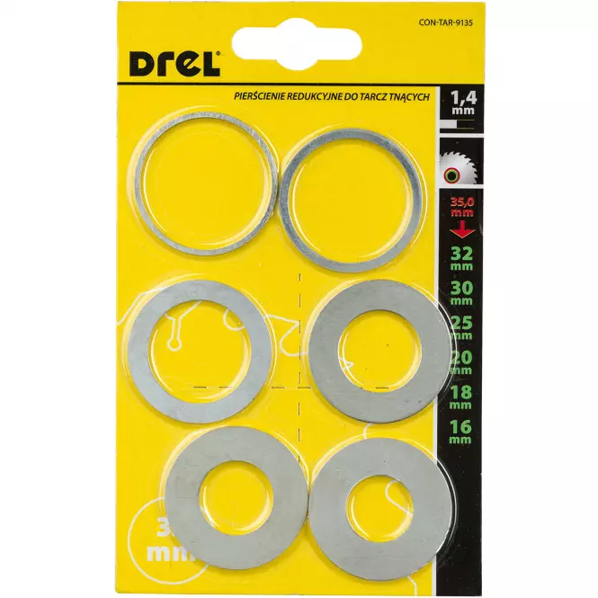 Redukcja do tarcz (35/32 mm, 35/30 mm, 35/25 mm, 35/20 mm, 35/18 mm, 35/16 mm; grubość 1,4 mm); Zestaw 6 szt.