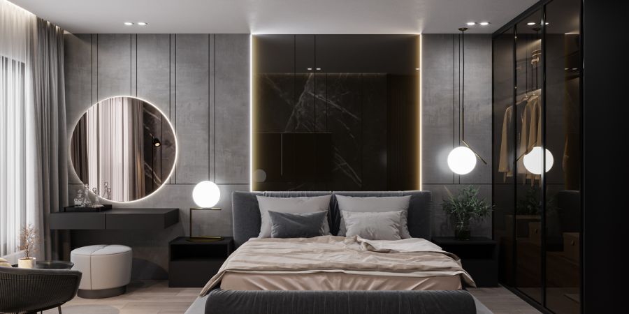 nowoczesna sypialnia z odpowiednim oświetleniem