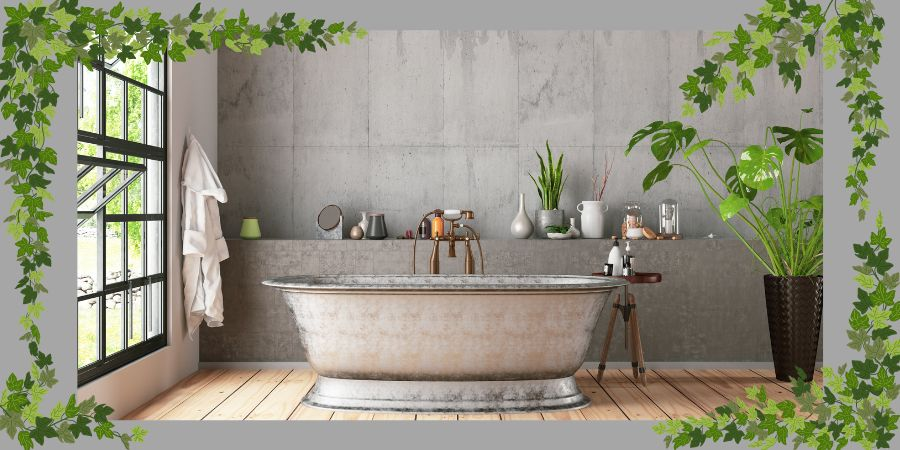 Drewno, beton i zieleń w łazience